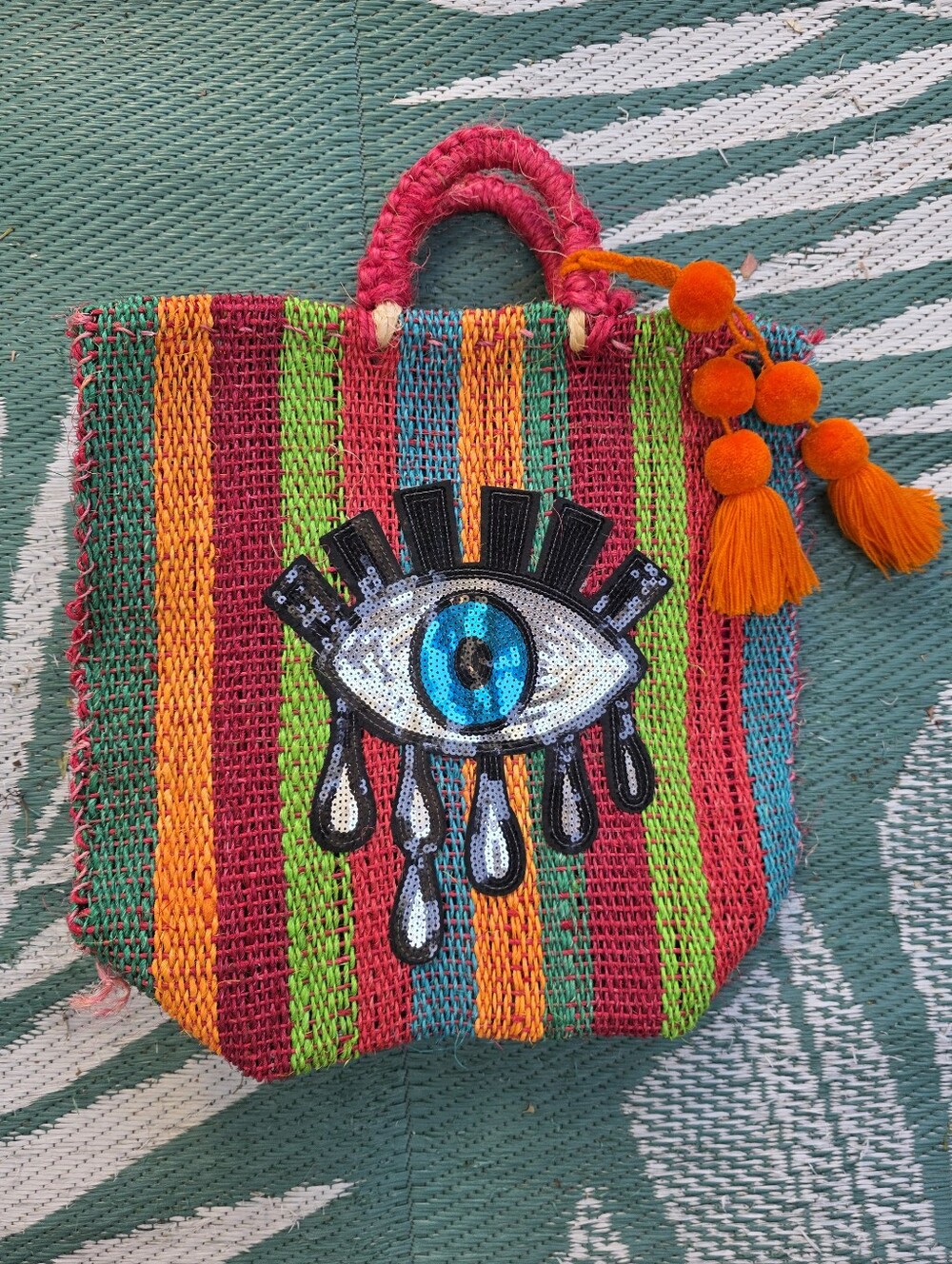 Colorful Striped Woven Yute Fiber Tote Bag with Eye Patch and Tassels